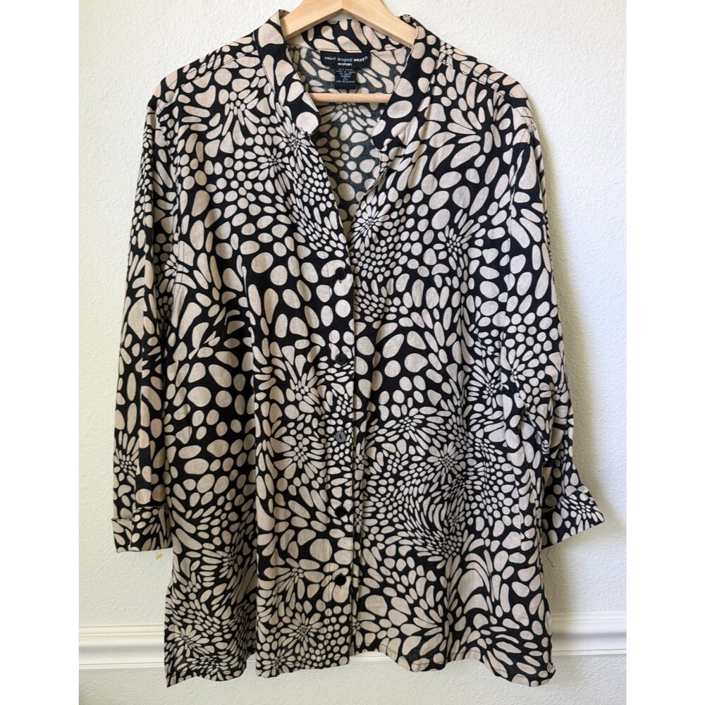 Saint Tropez West Shirt Women's 2X Beige Black Linen Button Up Boho Art Deco Top